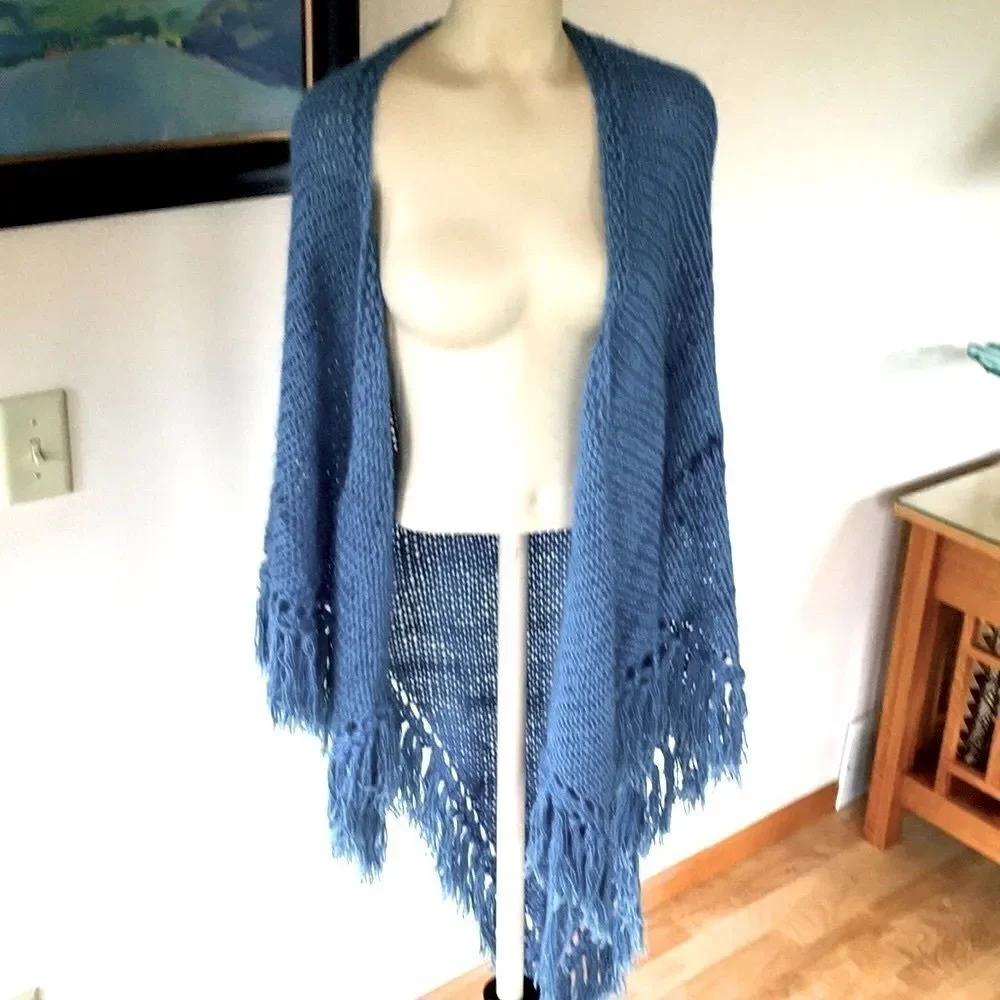 HAND CRAFTED Chunky Scarf Shawl fringe denim wool cotton mohair cashmere silk